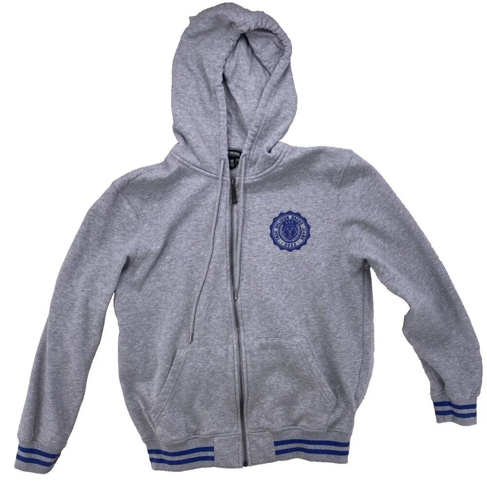 True Religion Men Hoodie Zip Up Gray Blue Alumni Buddha Big Horseshoe Fleece Med